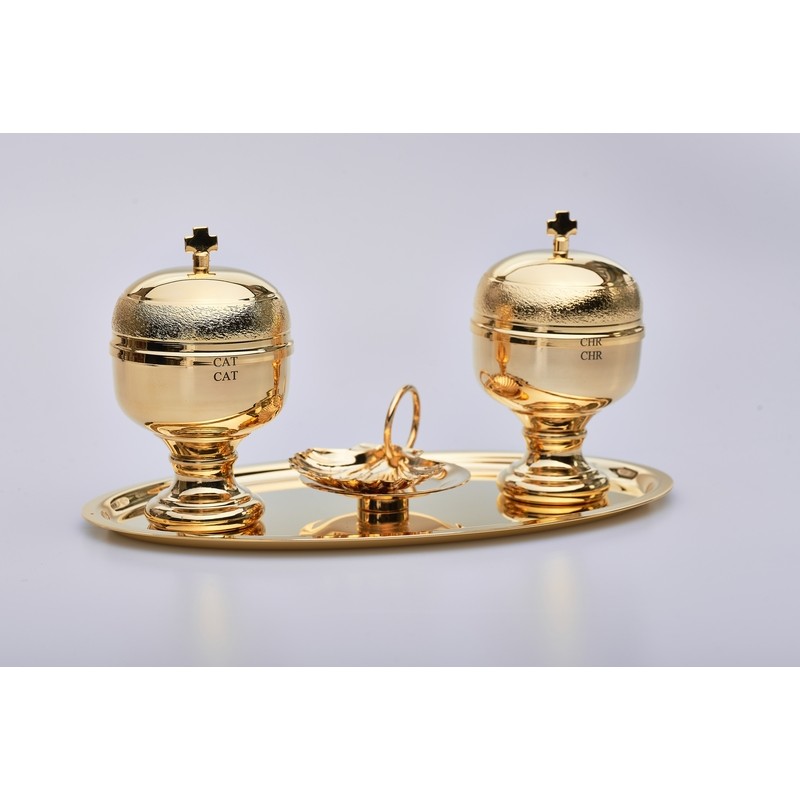 Completo per Battesimo dorato con due vasetti oli e conchiglia