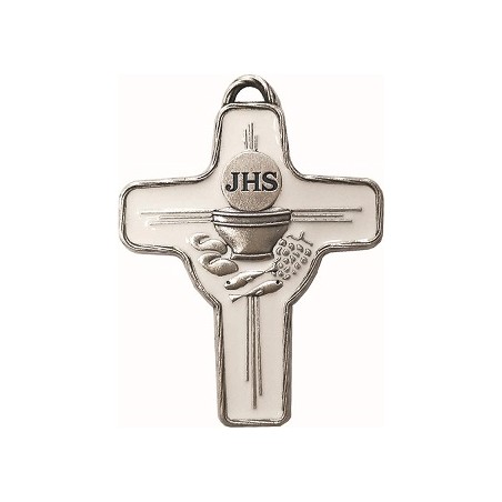 Croce in metallo argentato con smalto bianco