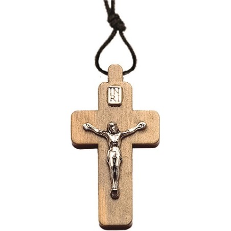 Croce in ulivo corpo metallo cm. 3 con cordoncino