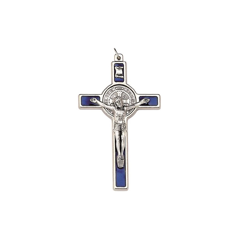 Croce metallo S. Benedetto cm. 5 colori assortiti con laccio in scatoletta