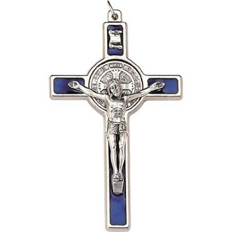 Croce metallo S. Benedetto cm. 5 colori assortiti con laccio in scatoletta