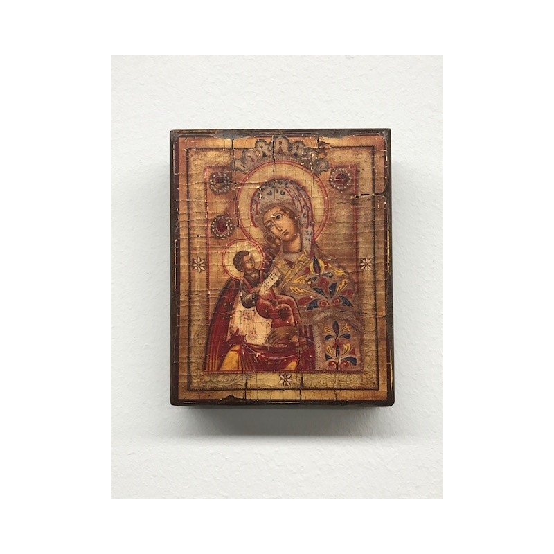 Icona greca serigrafata invecchiata Madonna con Bimbo cm. 12x14,5