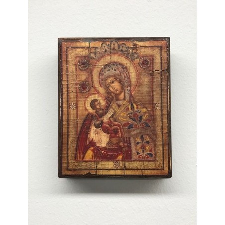 Icona greca serigrafata invecchiata Madonna con Bimbo cm. 12x14,5