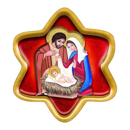 Stella di Natale con immagine Natività colorata in pvc , da appendere