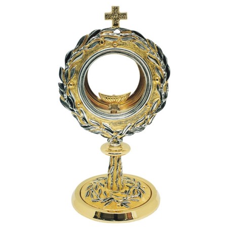 Ostensorio in ottone bicolore interamente ornato con ulivi