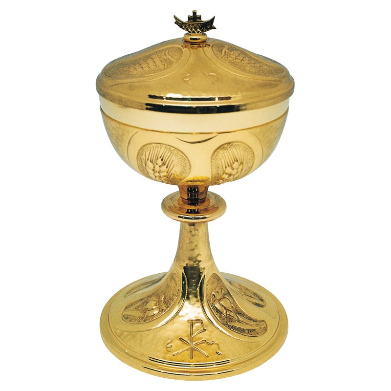 Pisside in ottone dorato cesellato con gigli e Pax