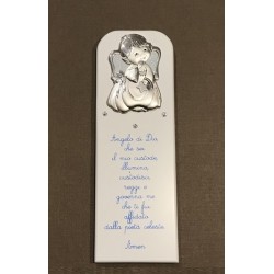Quadretto Angelo di Dio argento in rilievo su legno laccato bianco 6x19