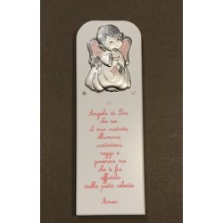 Quadretto Angelo di Dio argento in rilievo su legno laccato bianco 6x19