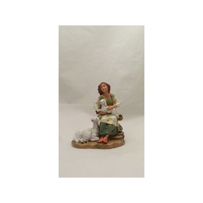 Ragazza seduta con pecora e agnello cm 19