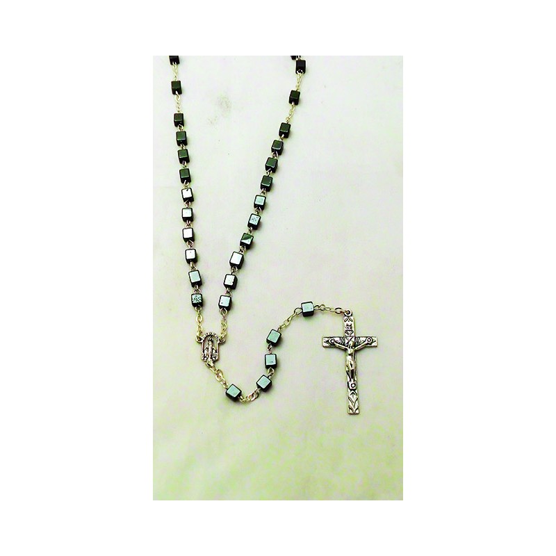 Rosario in ematite grano cubo con cofanetto