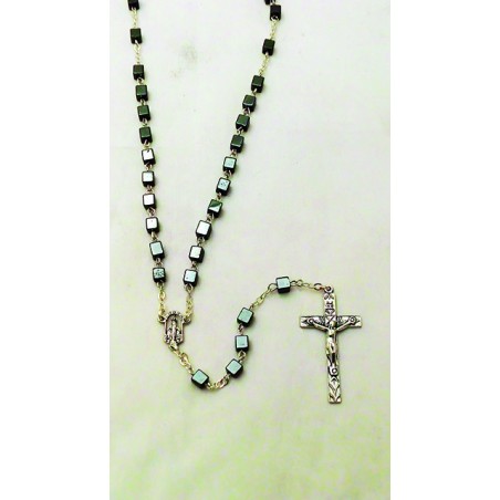 Rosario in ematite grano cubo con cofanetto