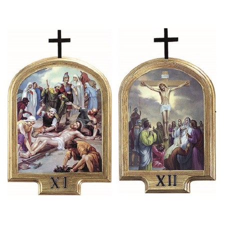 Serie 15 Via Crucis legno con foglia oro cm. 13,5x20,5