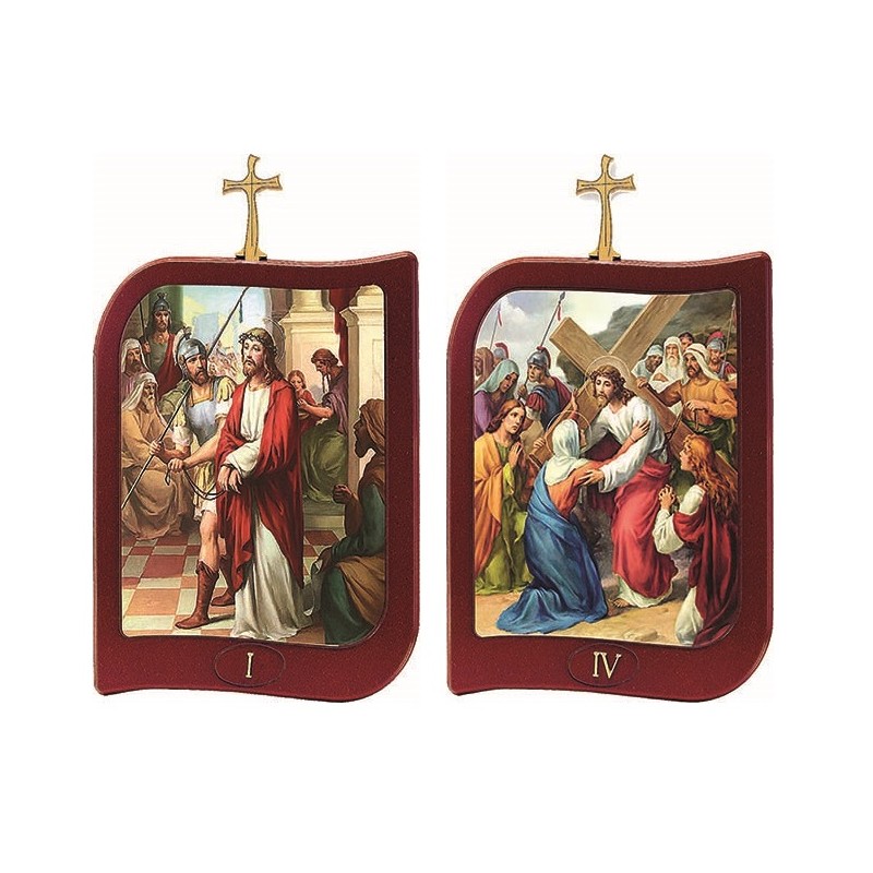 Serie 15 Via Crucis rettangolare legno tinto mogano cm. 19x26,5