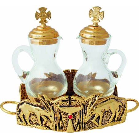 Servizio ampolline con vassoio "Cervi alla fonte" in ottone dorato