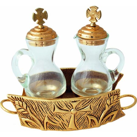 Servizio ampolline con vassoio "Spiga e croce"  in ottone dorato