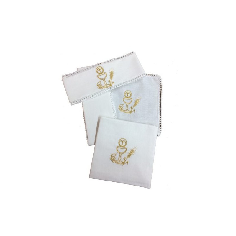 Servizio da messa in lino con ricamoCalice e Ostia