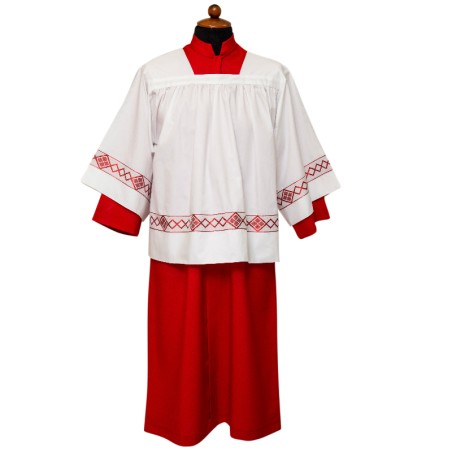 Veste rossa per chierichetto completa di cotta bordo ricamato