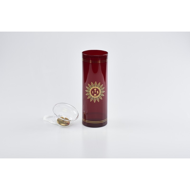 Vetro rosso rubino serigrafato 8 giorni completo di luminello per cera liquida