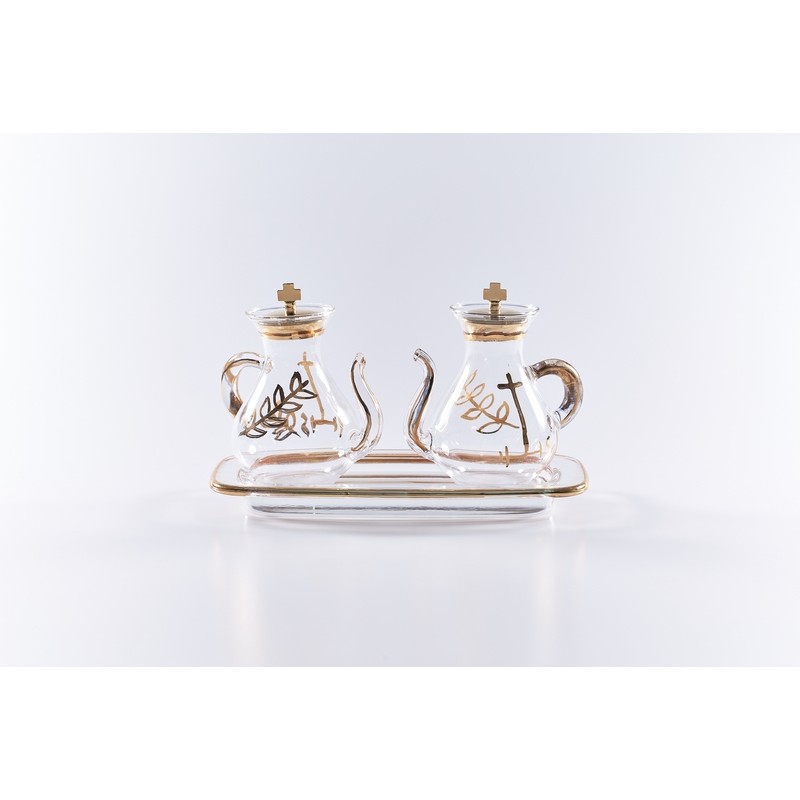 Ampolline beccuccio con decoro su vassoio vetro