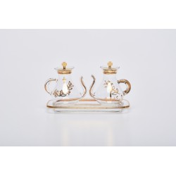 Ampolline beccuccio con decoro su vassoio vetro