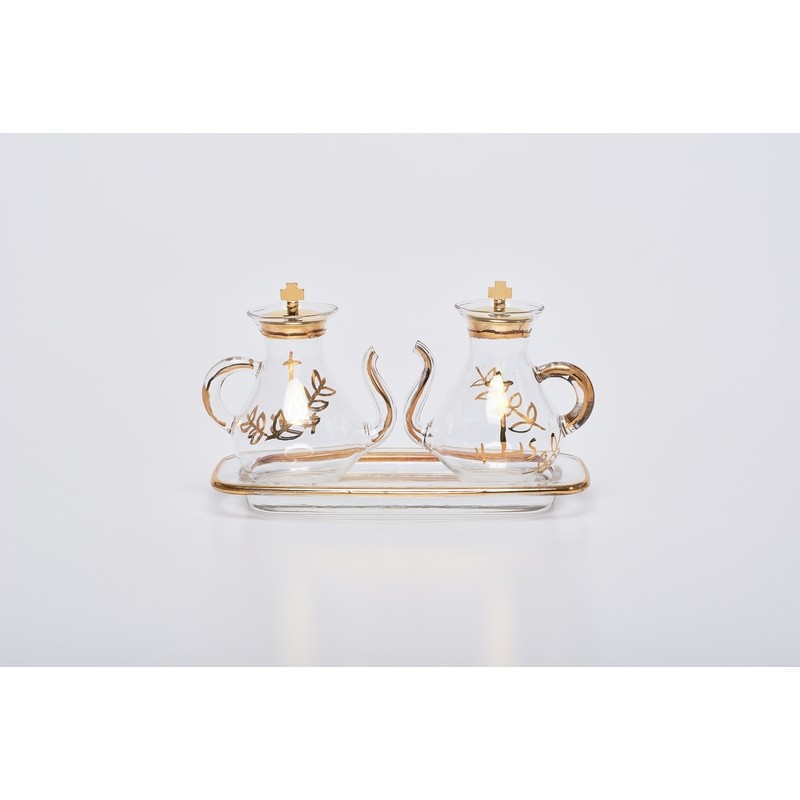 Ampolline beccuccio con decoro su vassoio vetro