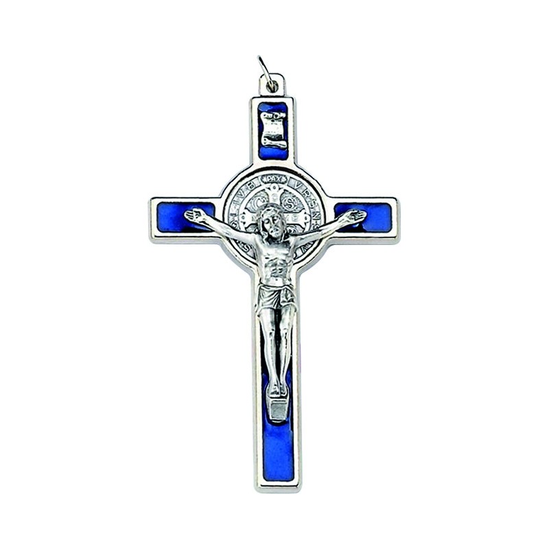 Croce metallo S. Benedetto cm. 5 colori assortiti con laccio in scatoletta