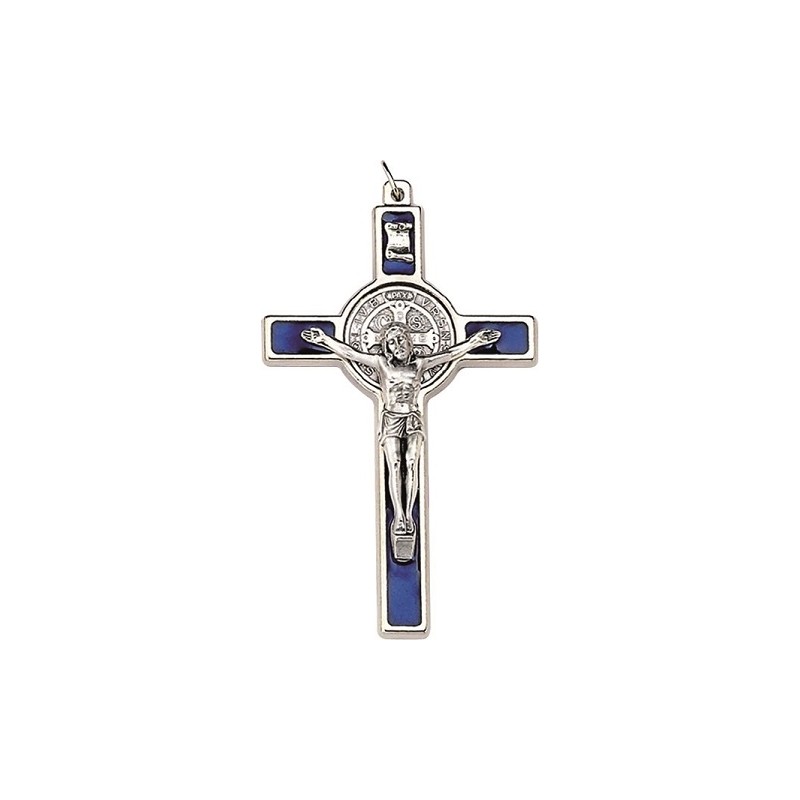 Croce metallo S. Benedetto cm. 5 colori assortiti con laccio in scatoletta