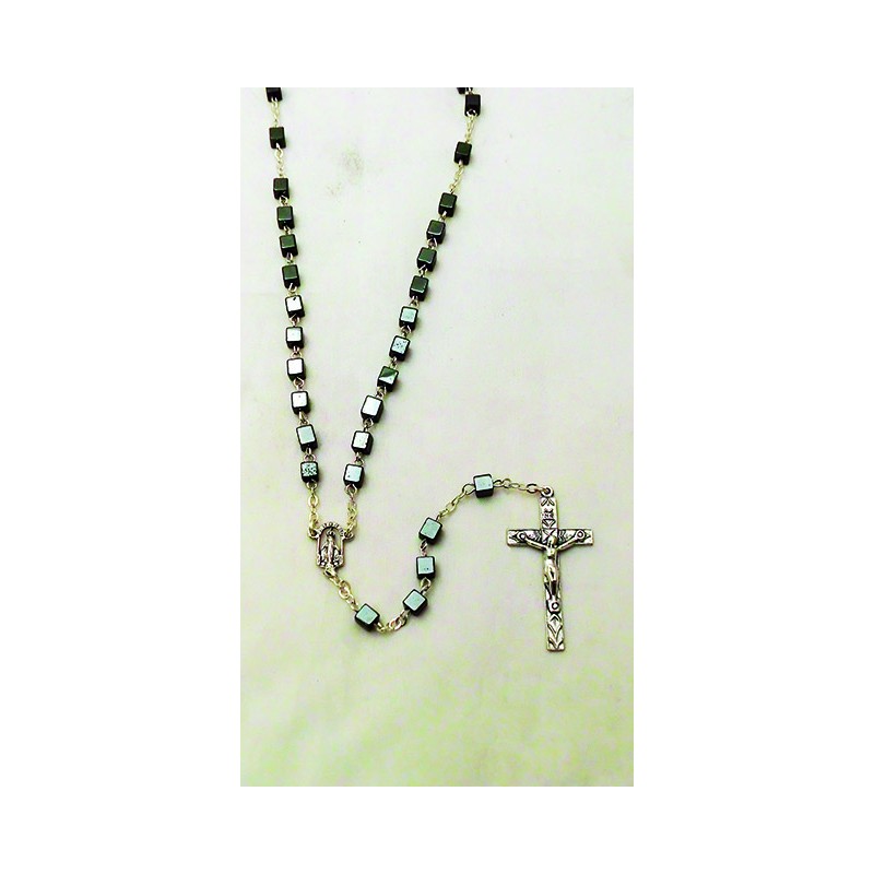 Rosario in ematite grano cubo con cofanetto