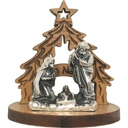 Natività in metallo su alberello con stella in legno d'ulivo