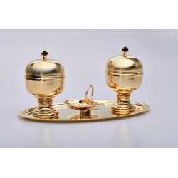 Completo per Battesimo dorato con due vasetti oli e conchiglia