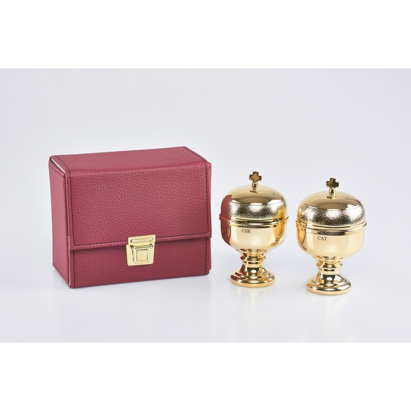 Astuccio con 2 vasetti per oli santi con interno in vetro