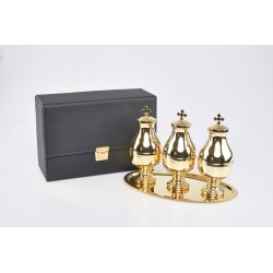 Astuccio con 3 vasetti per oli santi con interno in vetro e vassoio