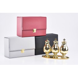 Astuccio con 3 vasetti per oli santi con interno in vetro e vassoio