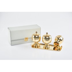 Astuccio con 3 vasetti per oli santi con interno in vetro e vassoio ferma vasetti