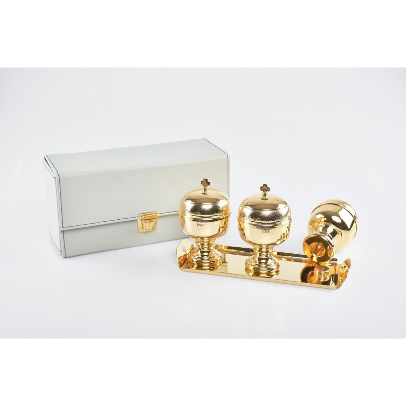 Astuccio con 3 vasetti per oli santi con interno in vetro e vassoio ferma vasetti