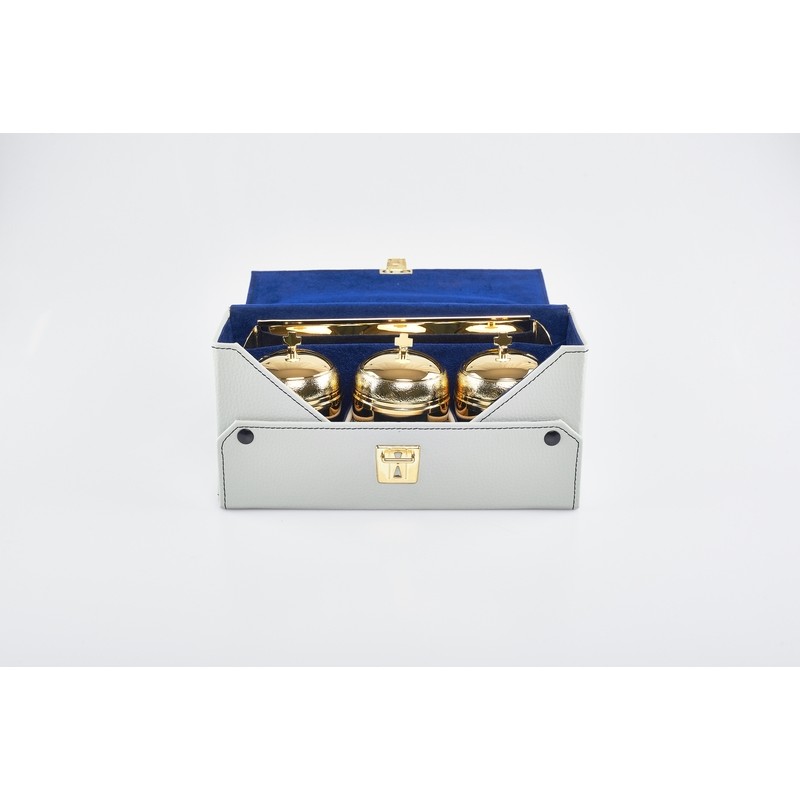 Astuccio con 3 vasetti per oli santi con interno in vetro e vassoio ferma vasetti