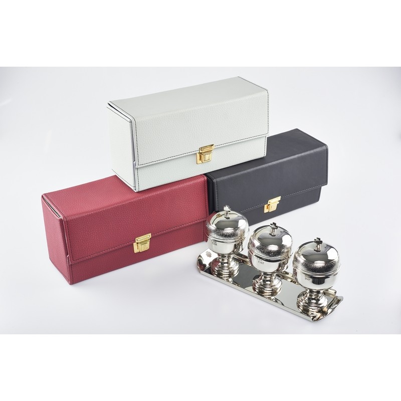 Astuccio con 3 vasetti per oli santi con interno in vetro e vassoio ferma vasetti