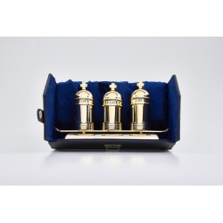 Tre vasetti vintage oli santi su vassoio in astuccio