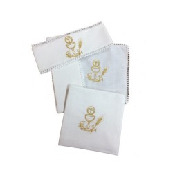 Servizio da messa in lino con ricamoCalice e Ostia