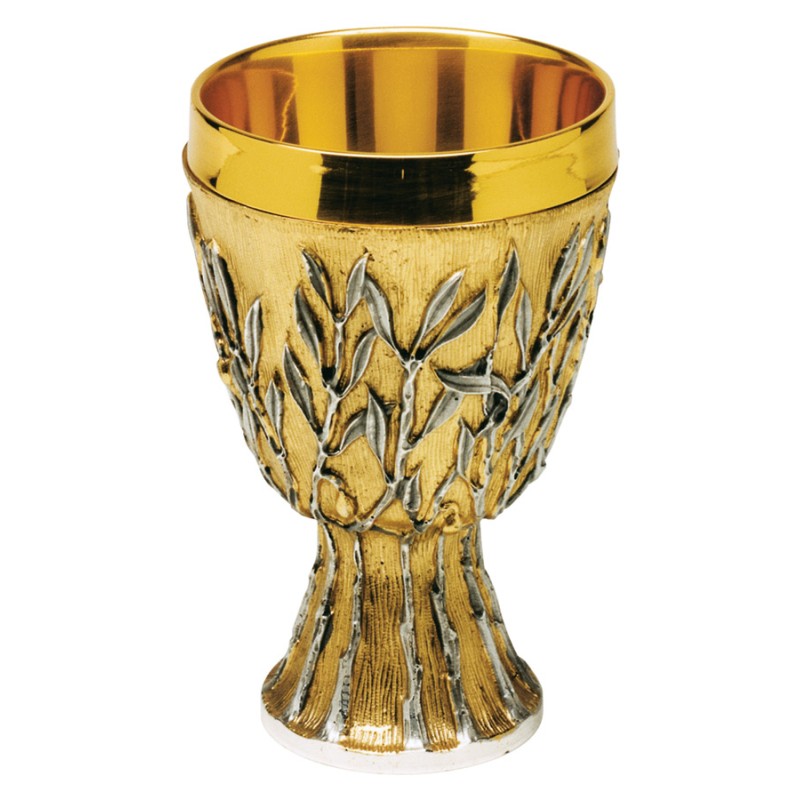 Calice in ottone bicolore decorato con con tralci di ulivi