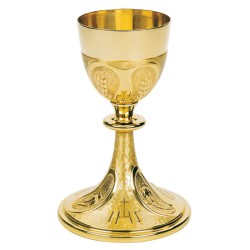 Calice in ottone dorato cesellato con gigli e Pax
