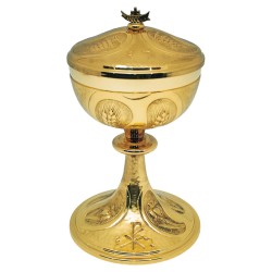 Pisside in ottone dorato cesellato con gigli e Pax