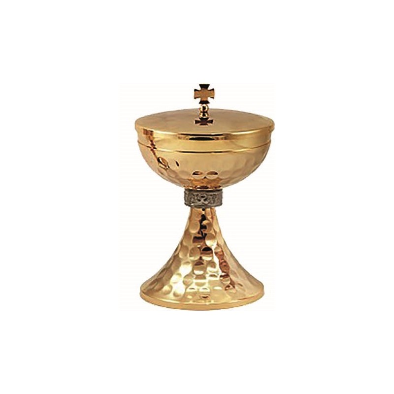 Pisside ottone dorato 24K base e sottocoppa martellata in fusione e particolare nodo "Uve e Foglie di Vite"