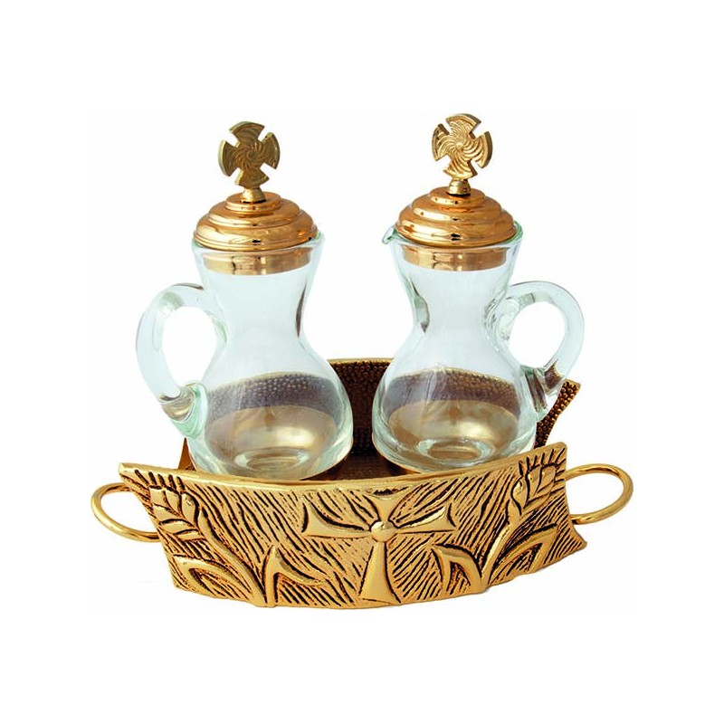 Servizio ampolline con vassoio "Spiga e croce"  in ottone dorato