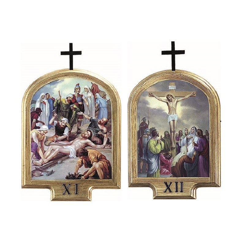 Serie 15 Via Crucis legno con foglia oro cm. 13,5x20,5