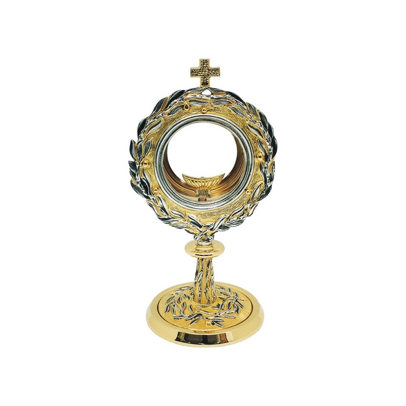 Ostensorio in ottone bicolore interamente ornato con ulivi