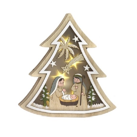 Albero in legno con Natività spiritosa con luce da appoggiare