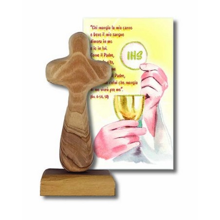 Croce il legno di ulivo con base con immagine dettagli oro