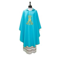 Casula Mariana in tessuto vaticano azzurro con ricamo