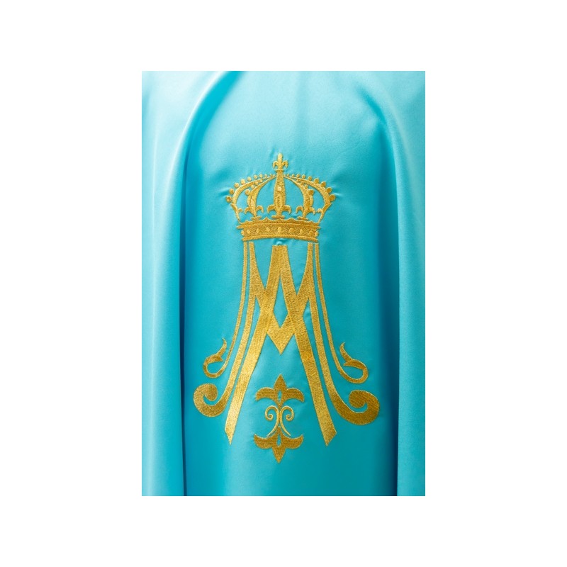 Casula Mariana in tessuto vaticano azzurro con ricamo